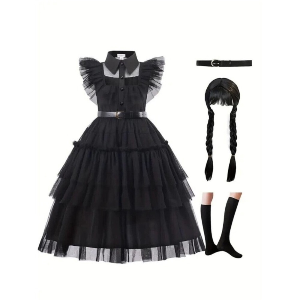 New Deluxe Dress Up Costume for Wednesday Addams Girls Halloween